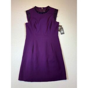 Vince Camuto Women's Purple Beaded Neckline Sleeveless Sheath Dress Size 8P